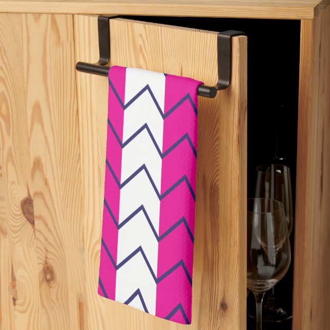 Chevron Stripe Pink and White Geometric Pattern Kitchen Towel (Thirds Fold)