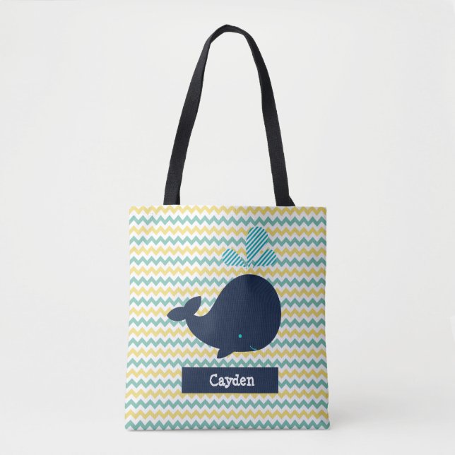 Chevron Stripe with Whale Personalized tote bag (Front)