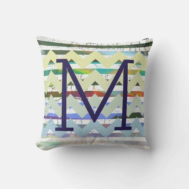 chevron stripes + abstraction + monogram, cool throw pillow (Front)