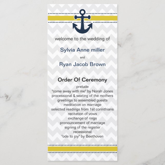chevron stripes, anchor, nautical Wedding program (Front)