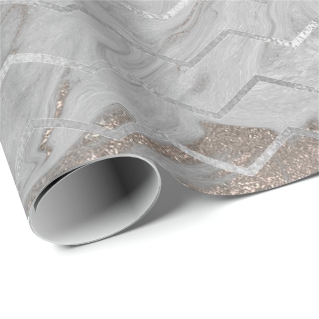 Chevron Stripes Ivory Metallic Grey Marble White Wrapping Paper (Roll Corner)