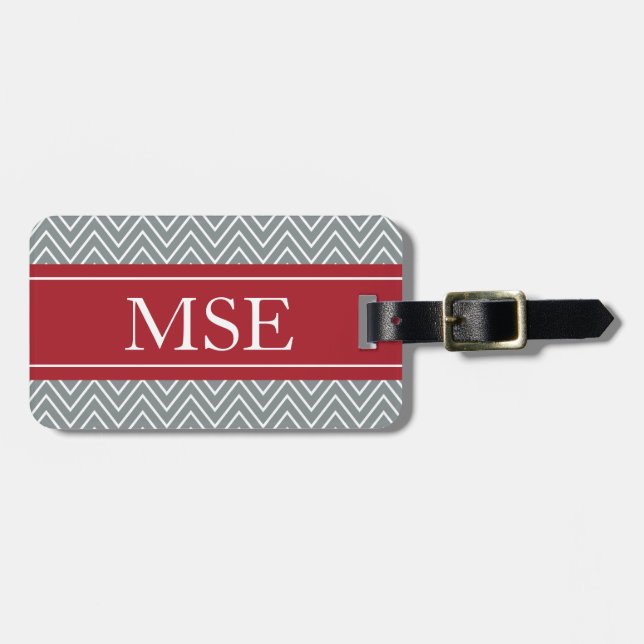 Chevron Stripes Personalized Monogram Grey Red Luggage Tag (Front Horizontal)