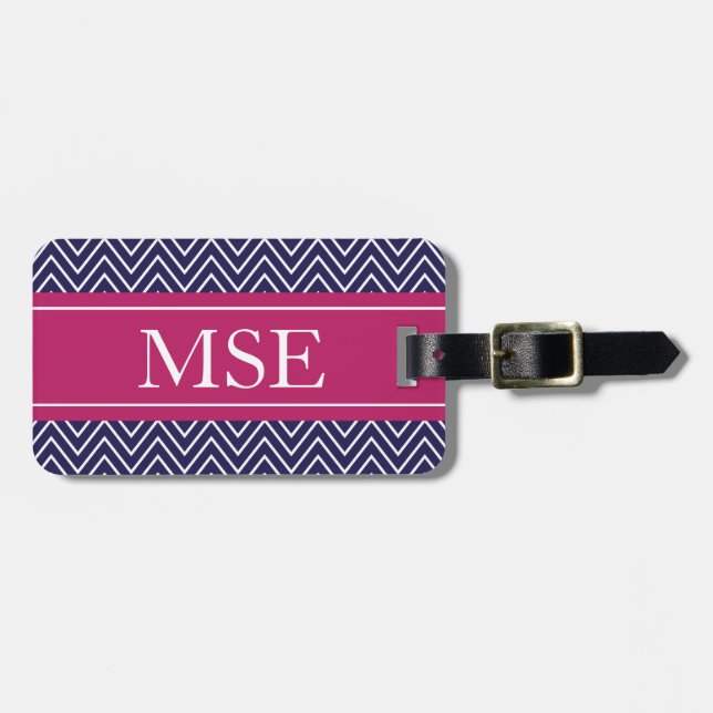 Chevron Stripes Personalized Monogram Navy Berry Luggage Tag (Front Horizontal)