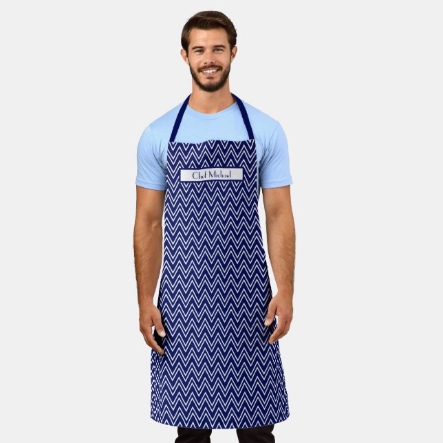 Chevron Thick Thin DIY Colours Navy White SV Apron (Worn)
