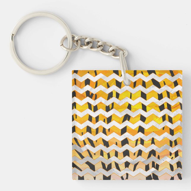 Chevron Tiger Black and Orange Print Keychain (Front)