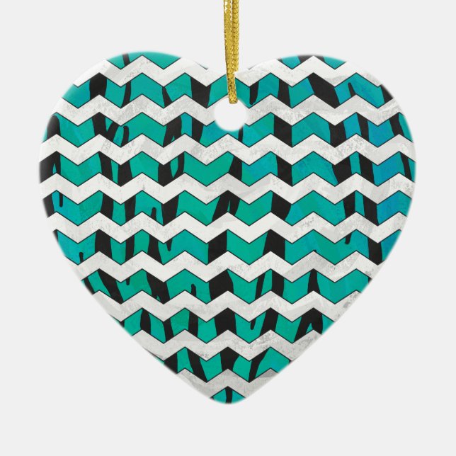Chevron Tiger Black and Teal Print Ceramic Ornament (Front)
