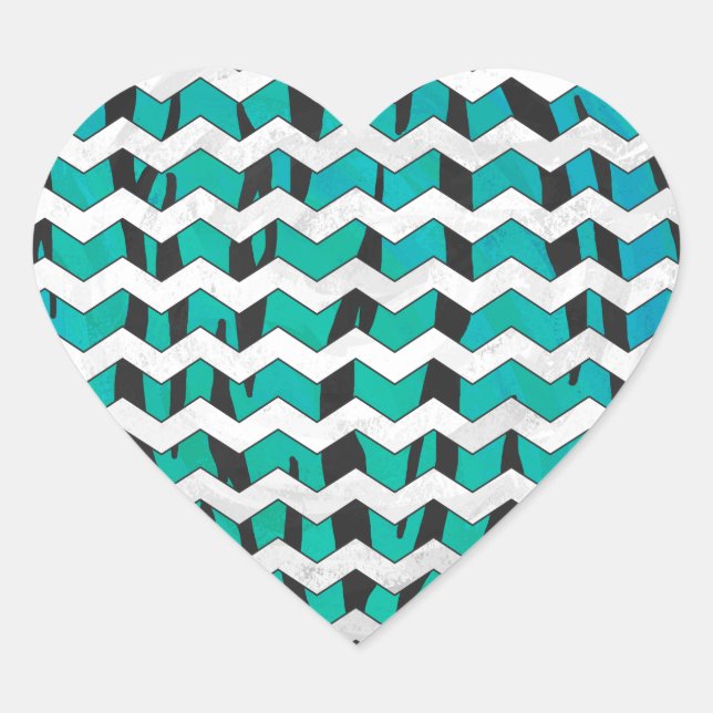 Chevron Tiger Black and Teal Print Heart Sticker (Front)