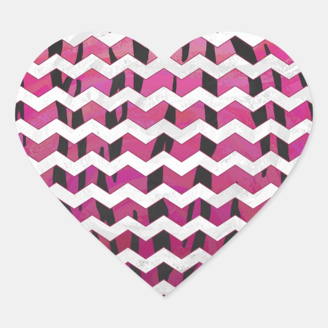 Chevron Tiger Hot Pink and Black Print Heart Sticker (Front)