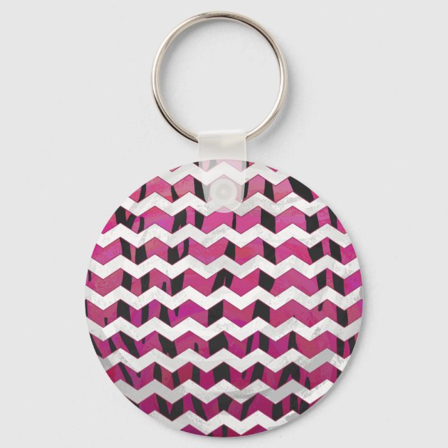 Chevron Tiger Hot Pink and Black Print Keychain (Front)