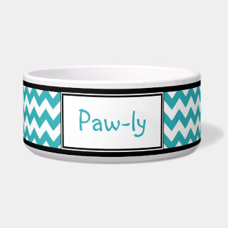 Chevron Turquoise & White Personalized Dog Bowl