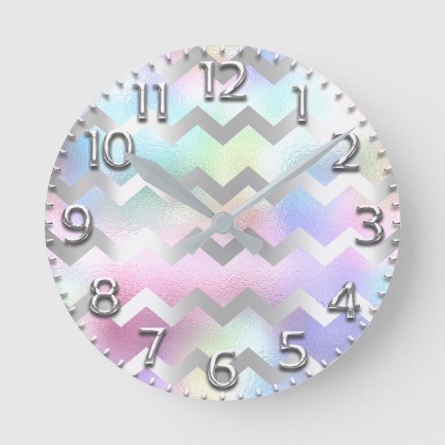 Chevron Unicorn Grey Arabic Number Holographic Pin Round Clock (Front)
