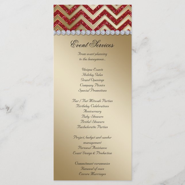 Chevron Wedding Rack Cards Sparkle Red Gold (Front)