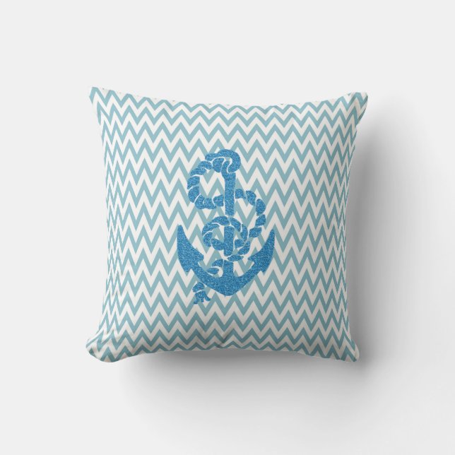 Chevron with Faux Glitter Anchor Throw Pillow (Front)