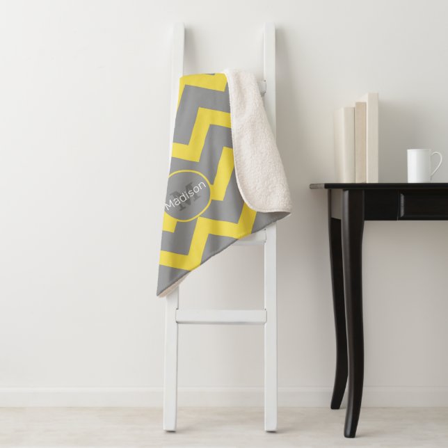 Chevron yellow grey pattern lines stripes Monogram Sherpa Blanket (In Situ)