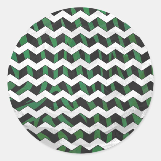 Chevron Zebra Black and Green Print Classic Round Sticker (Front)