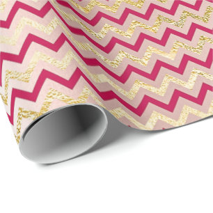 Chevron Zig Zag Gold Metallic Bright Candy Pink Wrapping Paper