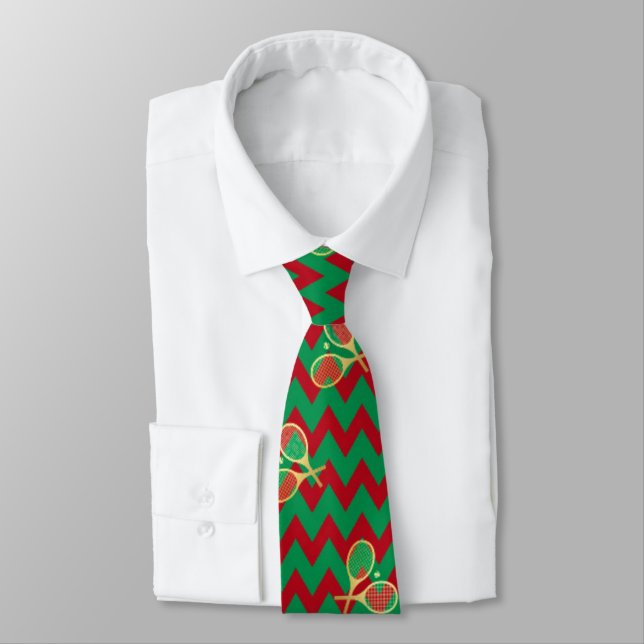 Chevron Zig Zag Ruby Red Green Christmas Tennis  Tie (Tied)