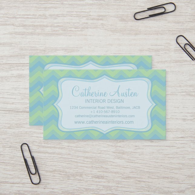 Chevron zigzag blue green business card (Front/Back In Situ)