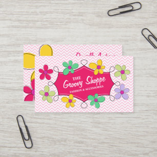 Chevron Zigzag Floral Doodle Frame Pink Business Card