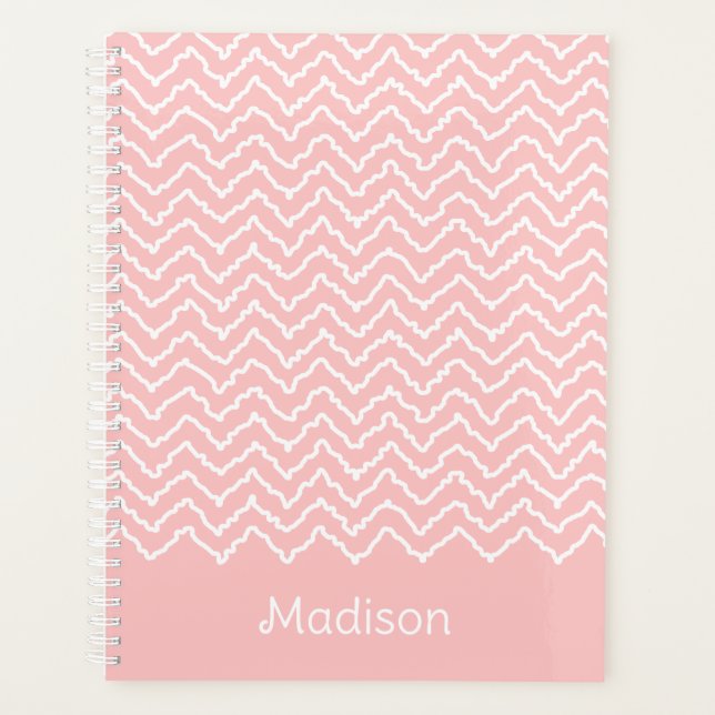Chevron Zigzag Ondulé Rose Et Blanc Avec Nom (Devant)