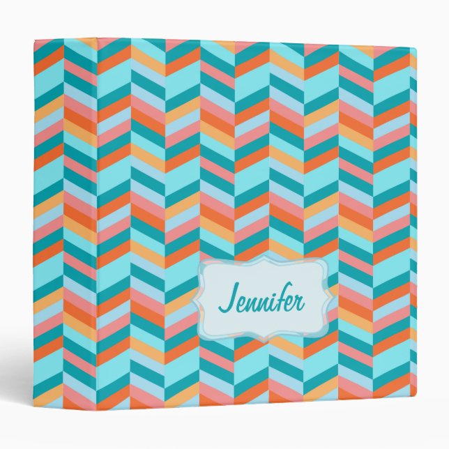 Chevron zigzag turquoise orange nom classeur dossi (Devant/Côté)