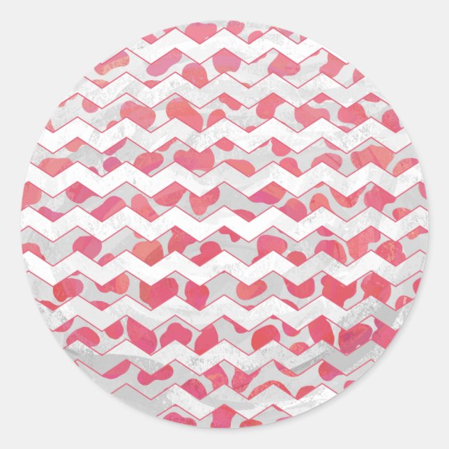 ChevronDalmatian Pink and White Classic Round Sticker (Front)