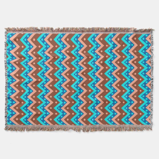 Chevrons and dots - turquoise, brown and coral throw blanket (Front)