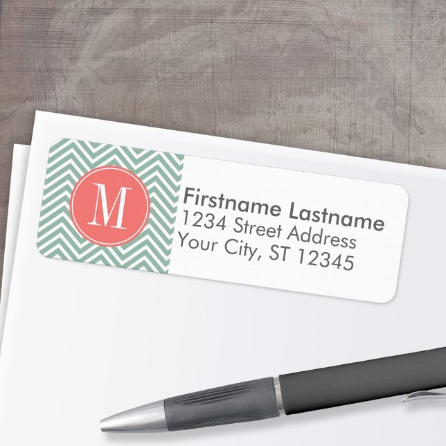 Chevrons de menthe et de corail avec Monogramme pe (Custom Return Address Labels - Low Minimum)