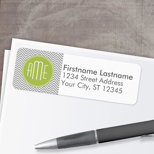 Chevrons gris et citron vert avec Monogramme perso (Custom Return Address Labels - Low Minimum)