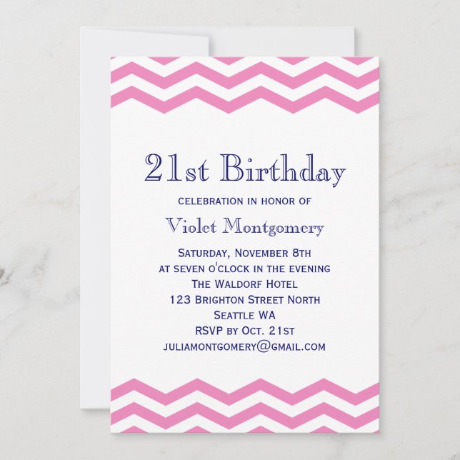 Chevrons in Pink 21st Birthday Invitation (Front)