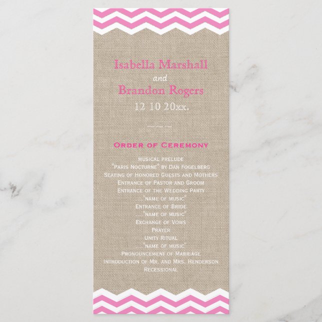 Chevrons roses sur le programme de mariage Burlap (Devant)