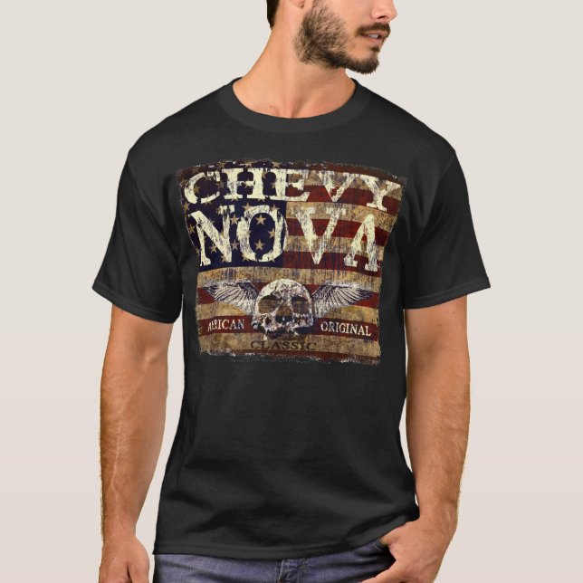 Chevy Nova Design Against Eroded Flag T-Shirt (Front)