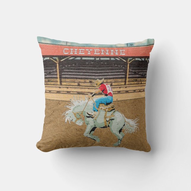 Cheyenne Rodeo Cowboy Saddle Bronc Riding Throw Pillow (Front)
