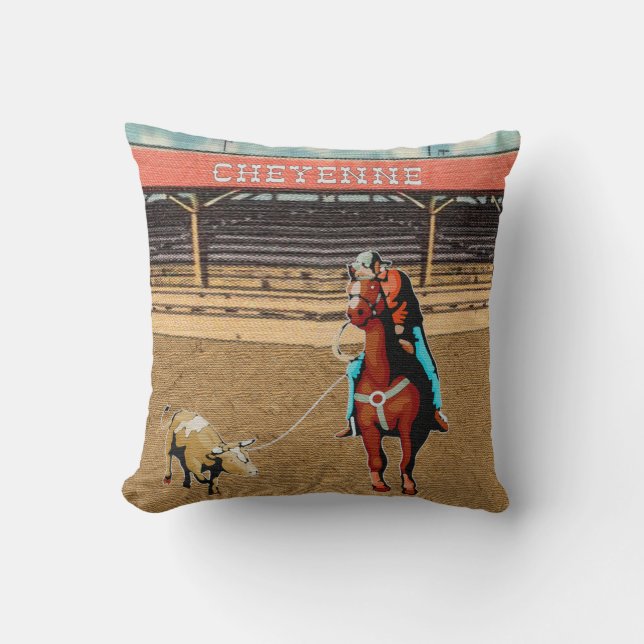 Cheyenne Rodeo Cowboy Steer Roping Team Roping Throw Pillow (Front)