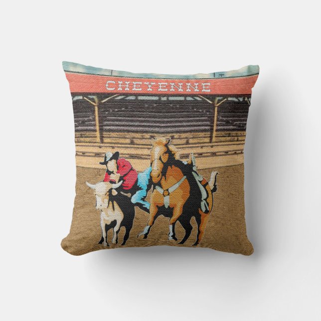 Cheyenne Rodeo Cowboy Steer Wrestling Throw Pillow (Front)