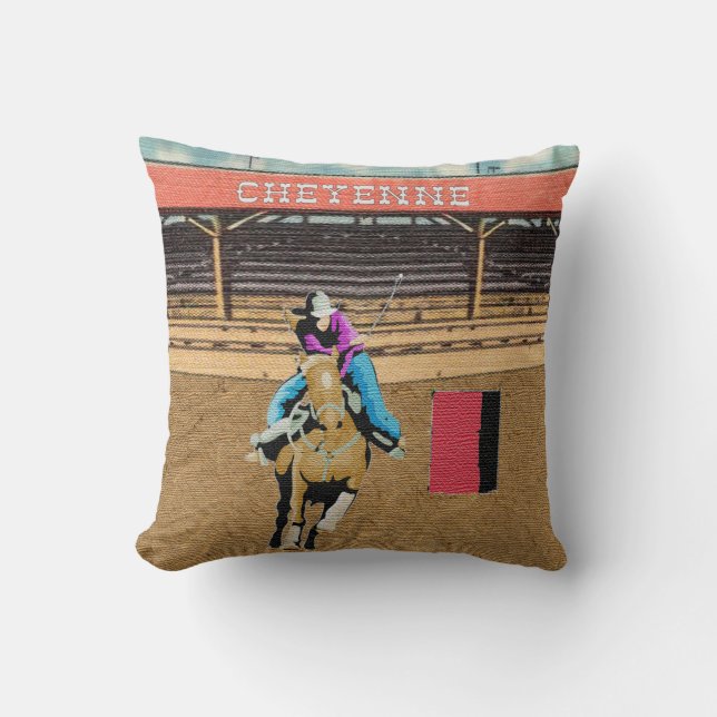 Cheyenne Rodeo Cowgirl Barrel Racing Throw Pillow (Front)