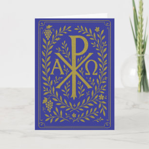 Chi Rho Alpha Omega Gold Symbol on Blue Card