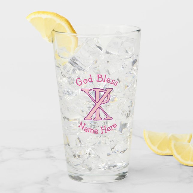 Chi Ro Christian Cross Pink Personalized Glass (Front Ice)