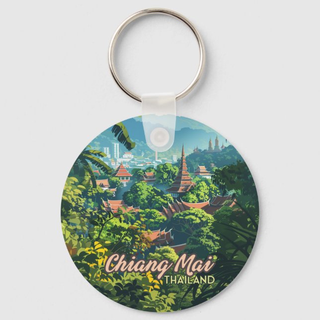 Chiang Mai Thailand Asia Temples Mountains Vintage Keychain (Front)