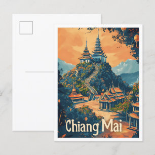 Chiang Mai Thailand Vintage Travel Illustration Postcard