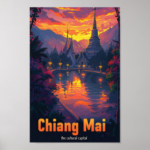 Chiang Mai Thailand Vintage Travel Illustration Poster