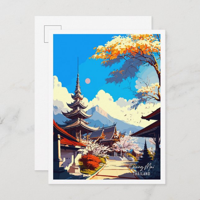 Chiang May Thailand Vintage Travel Illustration Postcard (Front/Back)