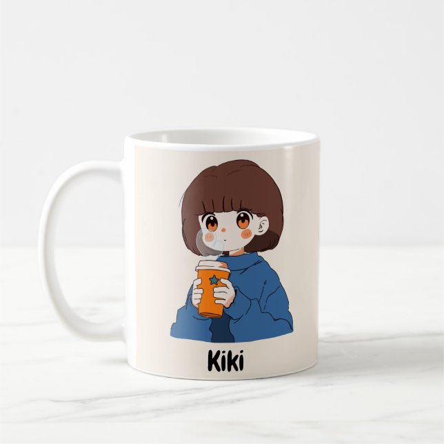 Chibi anime girl drinking coffee Mug (Left)