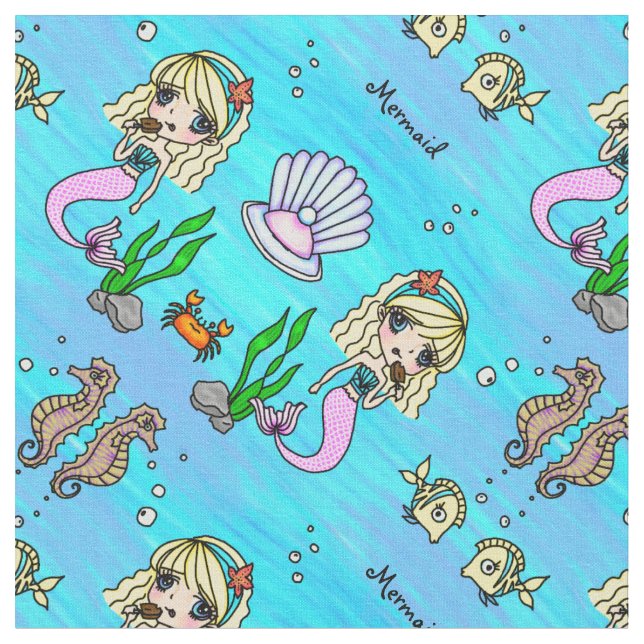 Chibi Anime Mermaid and fish personalizable fabric (Close Up)