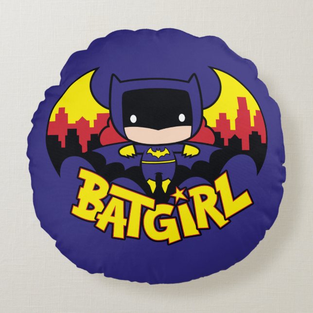 Chibi Batgirl With Gotham Skyline & Logo Round Pillow (Front)