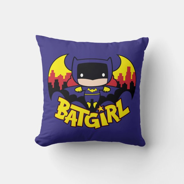 Chibi Batgirl With Gotham Skyline & Logo Throw Pillow (Front)