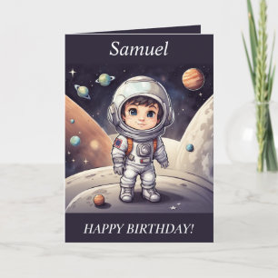 Chibi Boy Astronaut Outer Space Birthday Card