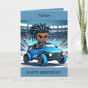 Chibi Boy dreads racing car Birthday Card
