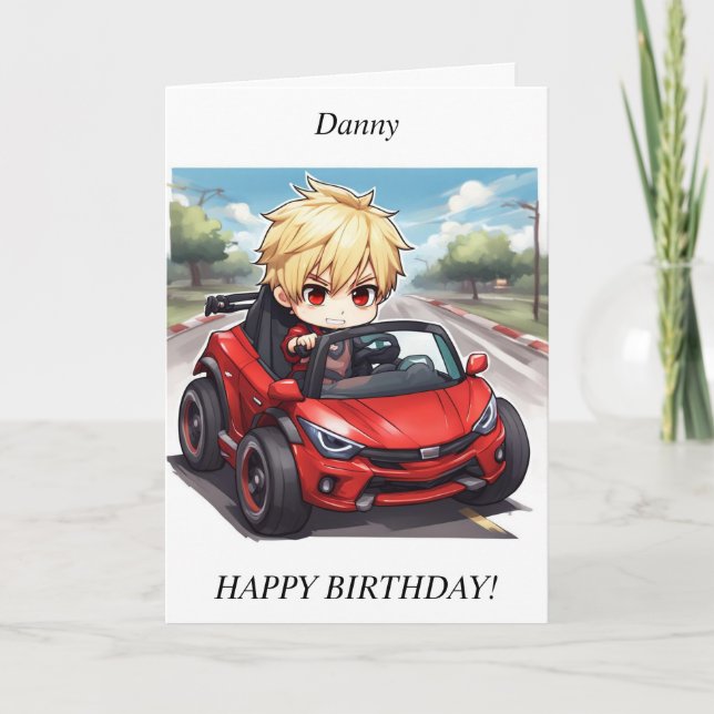 Chibi Boy racing car Birthday Card (Front)
