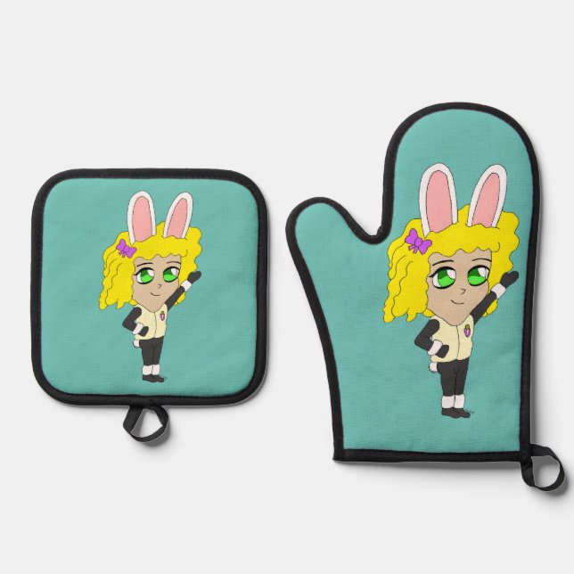 chibi bunnygirl     oven mitt & pot holder set (Front)